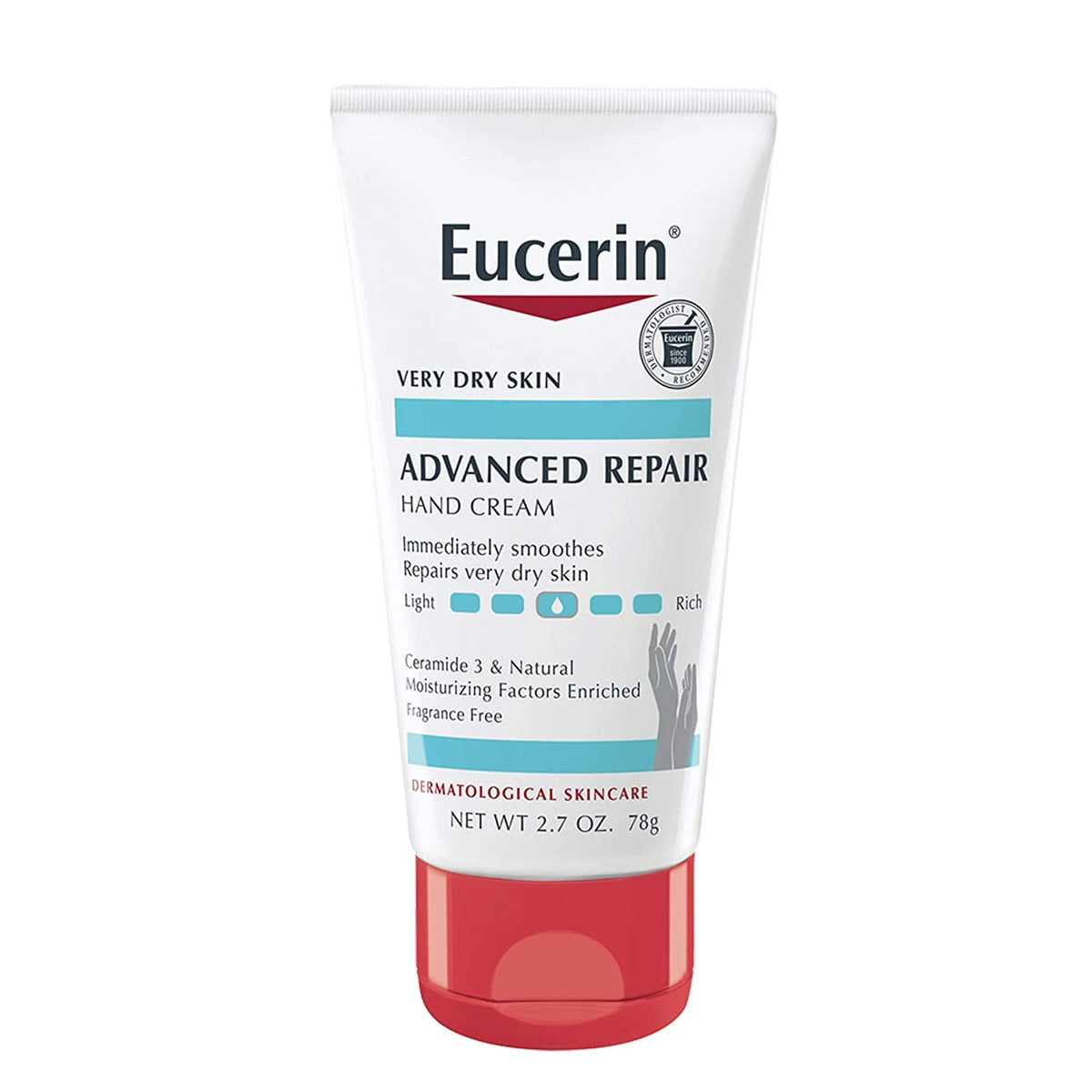 Eucerin hand crème front packaging showing product set and quick benefits