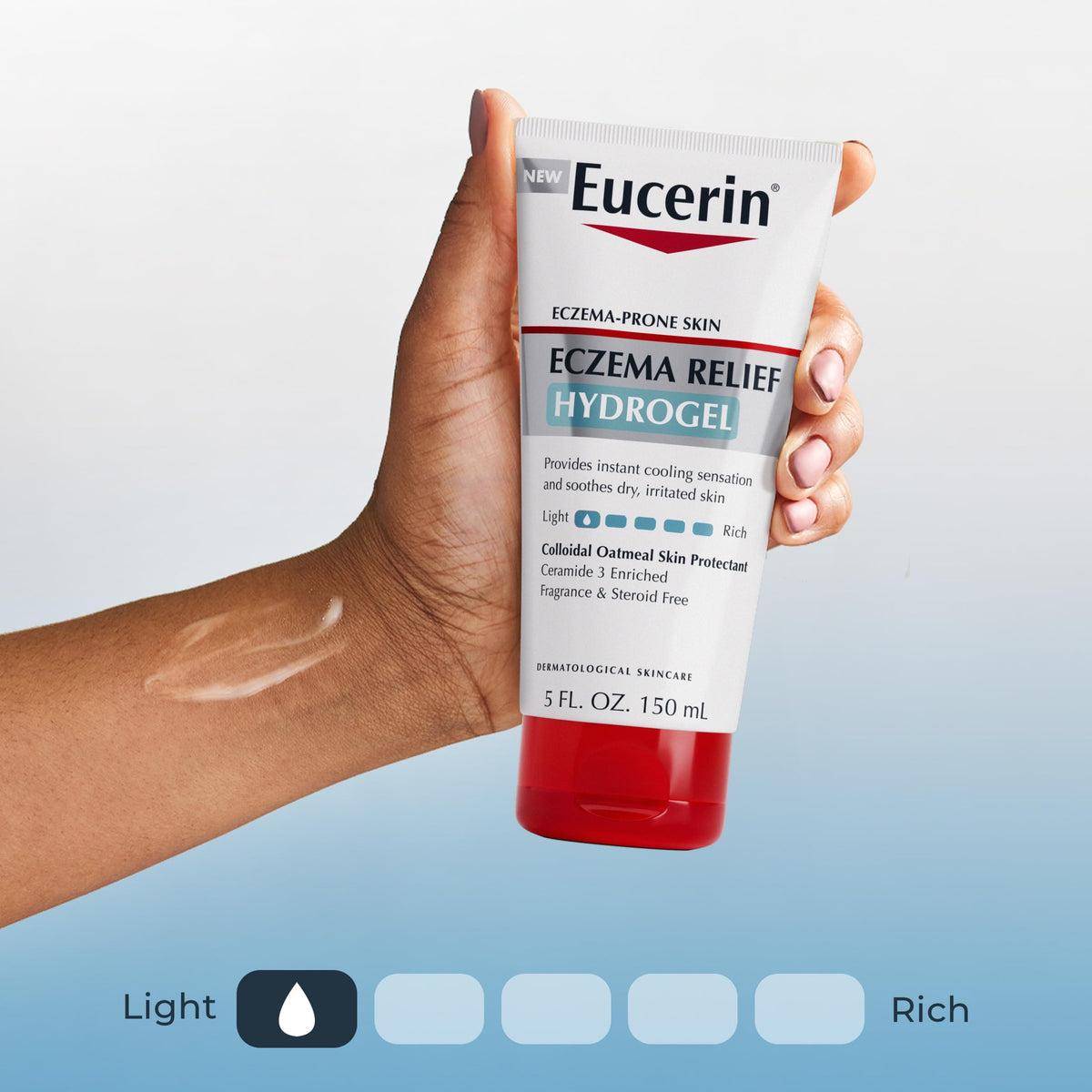 Close-up label of Eucerin listing steroid- and fragrance-free benefit