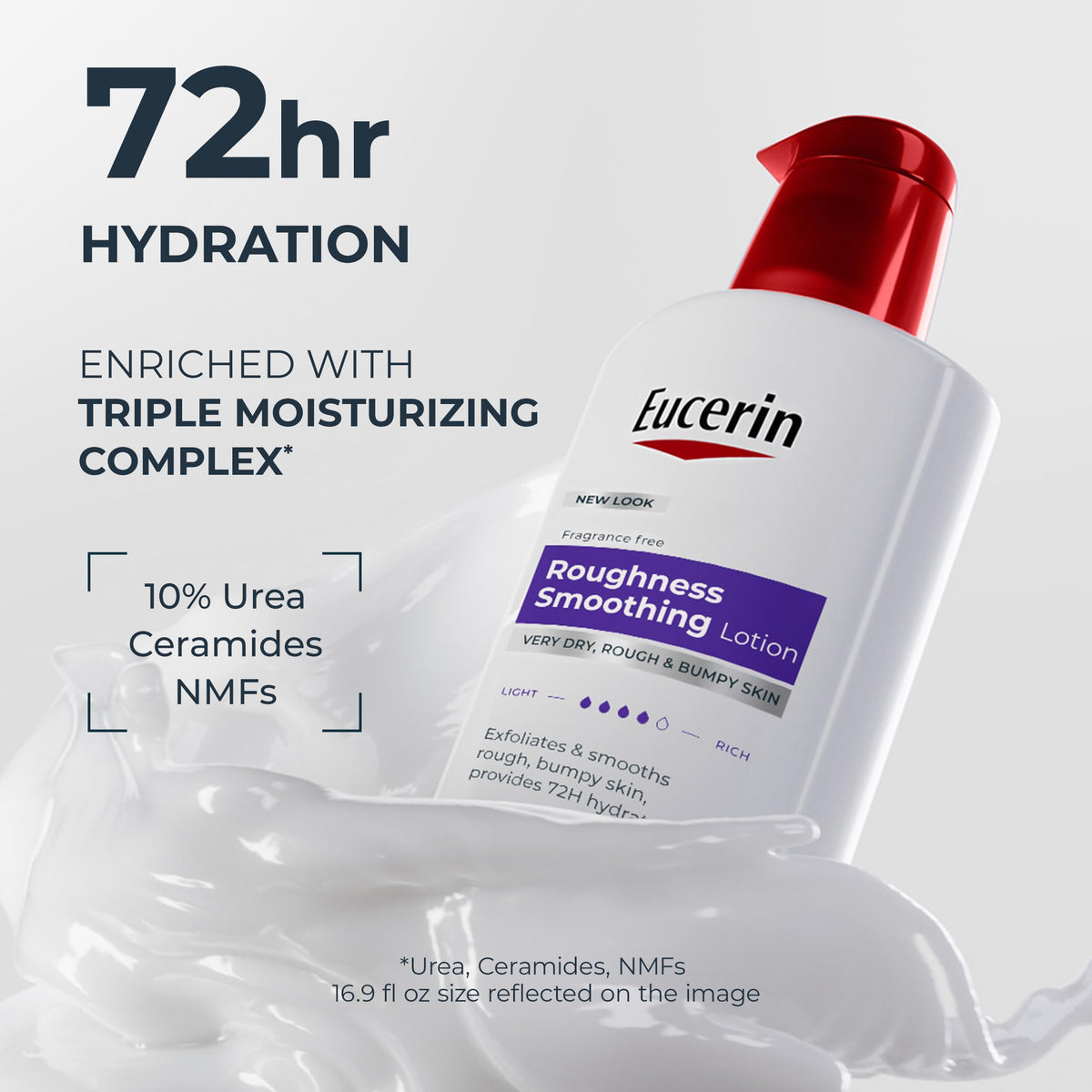 Close-up of Eucerin ingredient label highlighting urea and ceramide benefits for skin