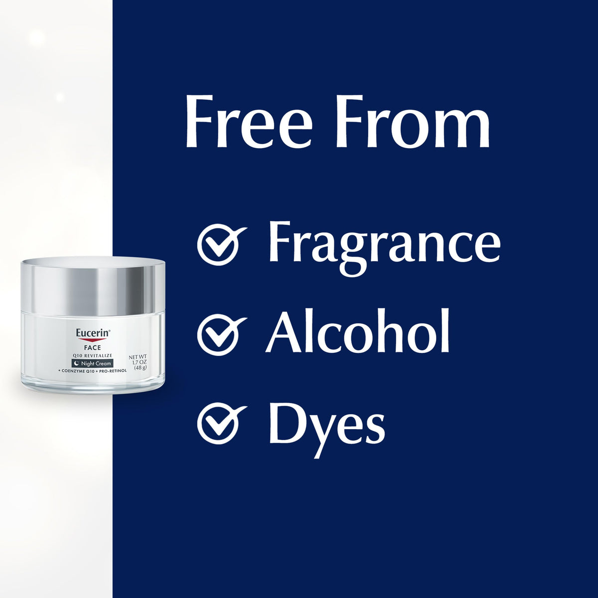 Close label view of Eucerin ingredient list emphasizing fragrance-free formulation benefit