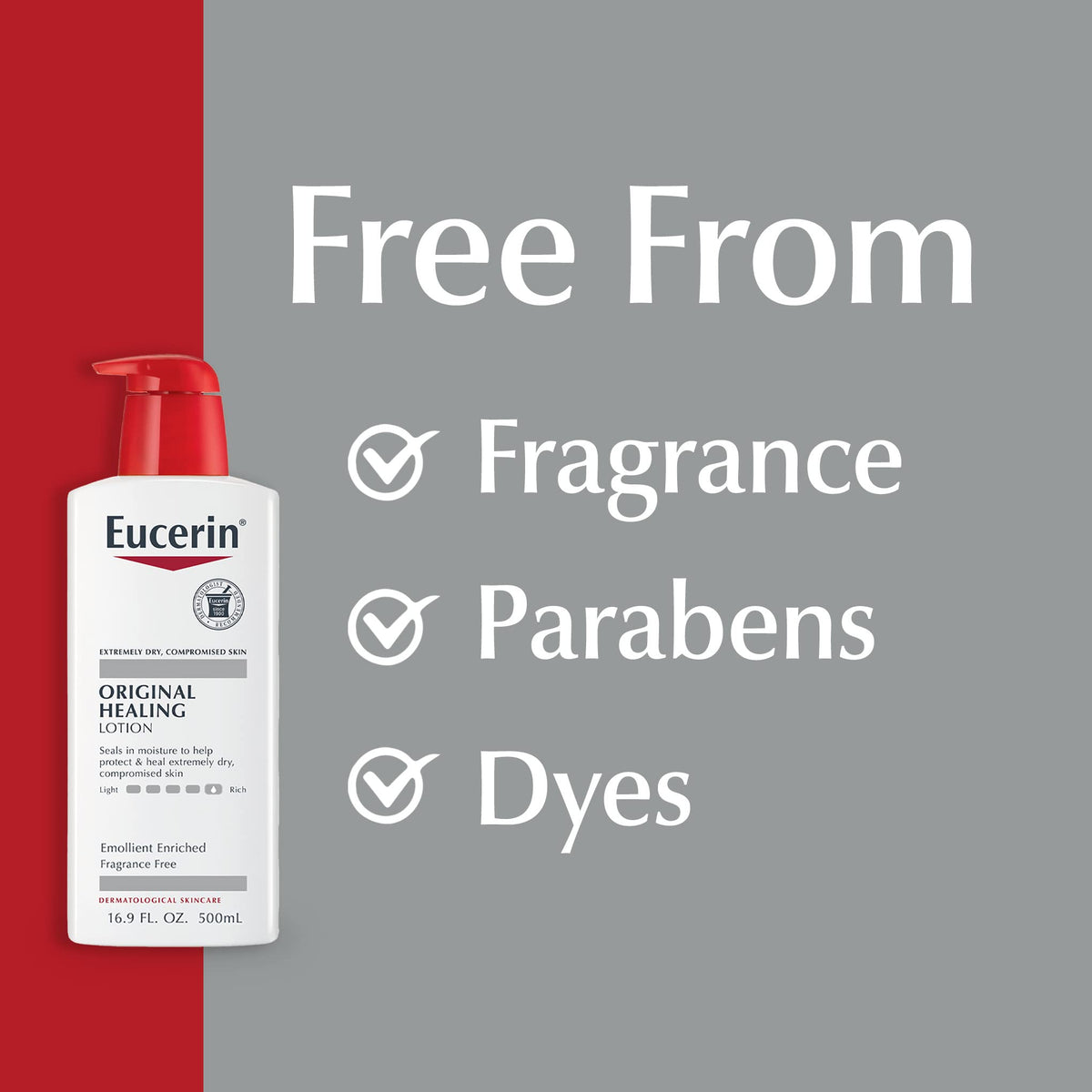 Eucerin label close-up highlighting fragrance-free, dye-free benefits