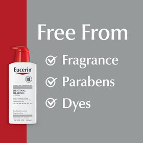 Eucerin label close-up highlighting fragrance-free, dye-free benefits