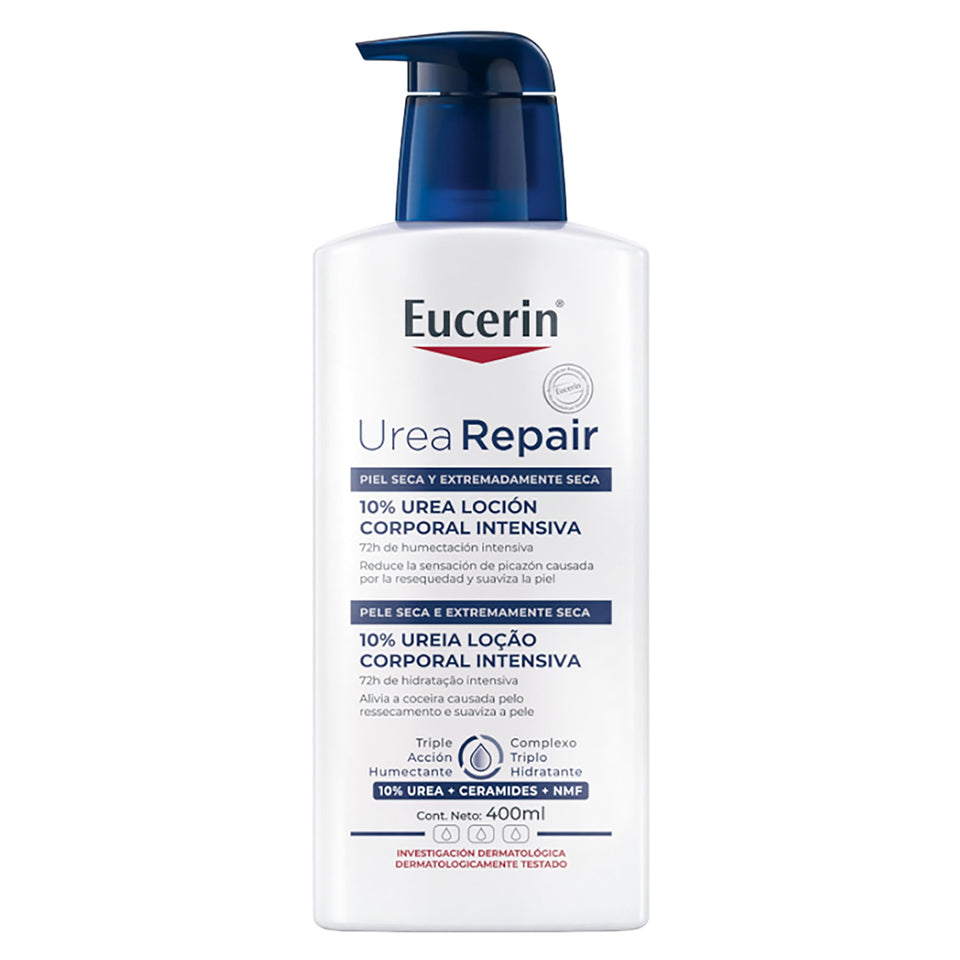 Eucerin bottle front view showing label and 400ml size for clear identification and trust