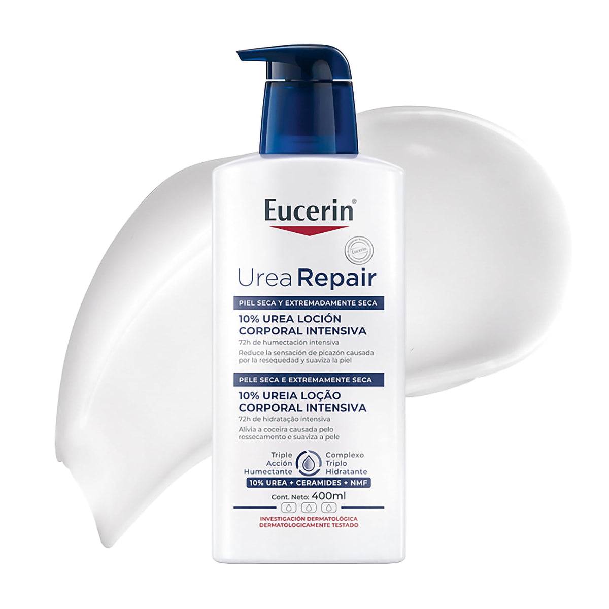 Eucerin pump closeup demonstrating easy dispensing for mess-free application