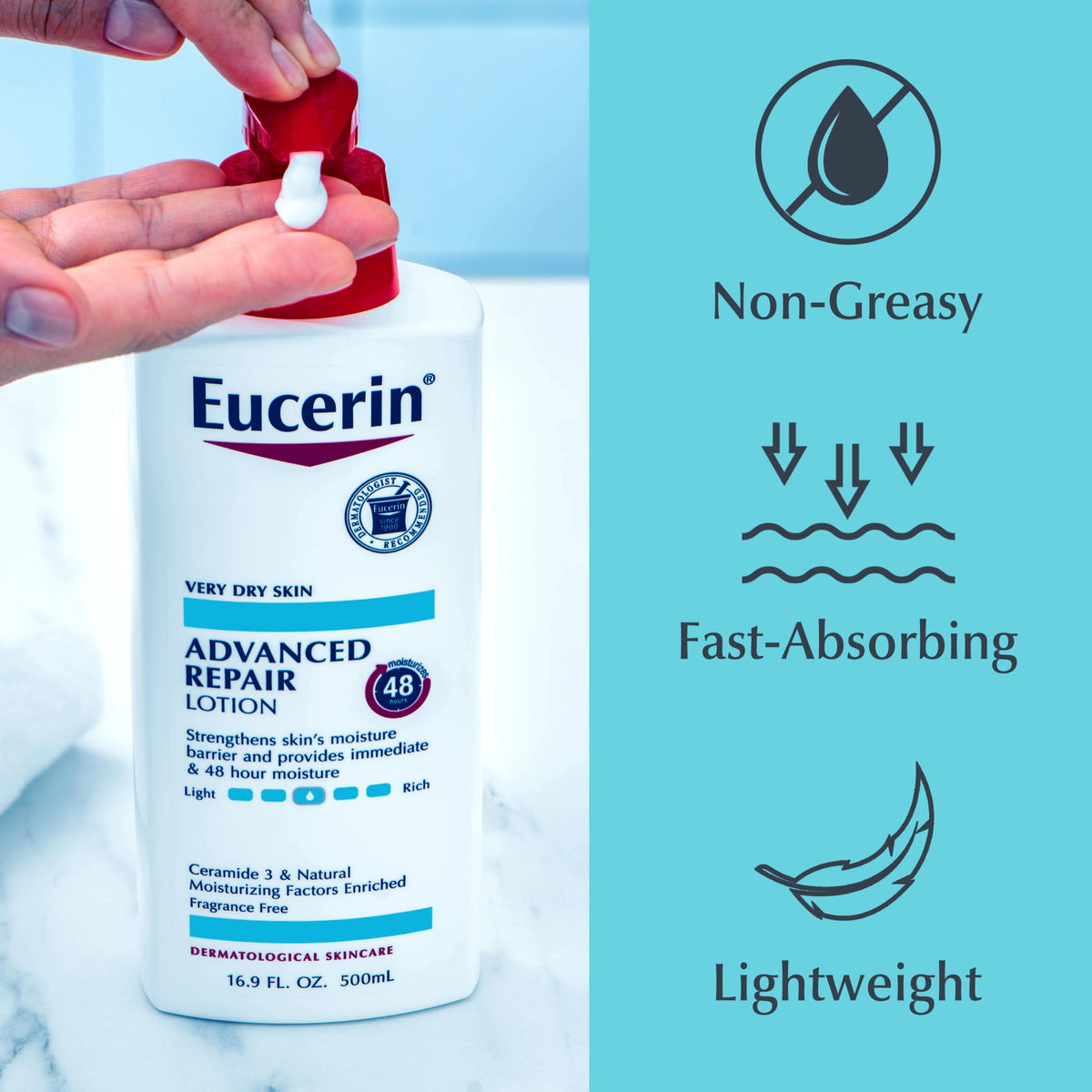 Eucerin lotion texture close-up showing fast-absorbing, non-greasy finish