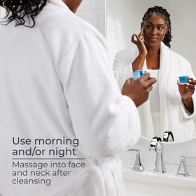 Eucerin night gel beside a ruler showing the 1.7 oz jar size benefit