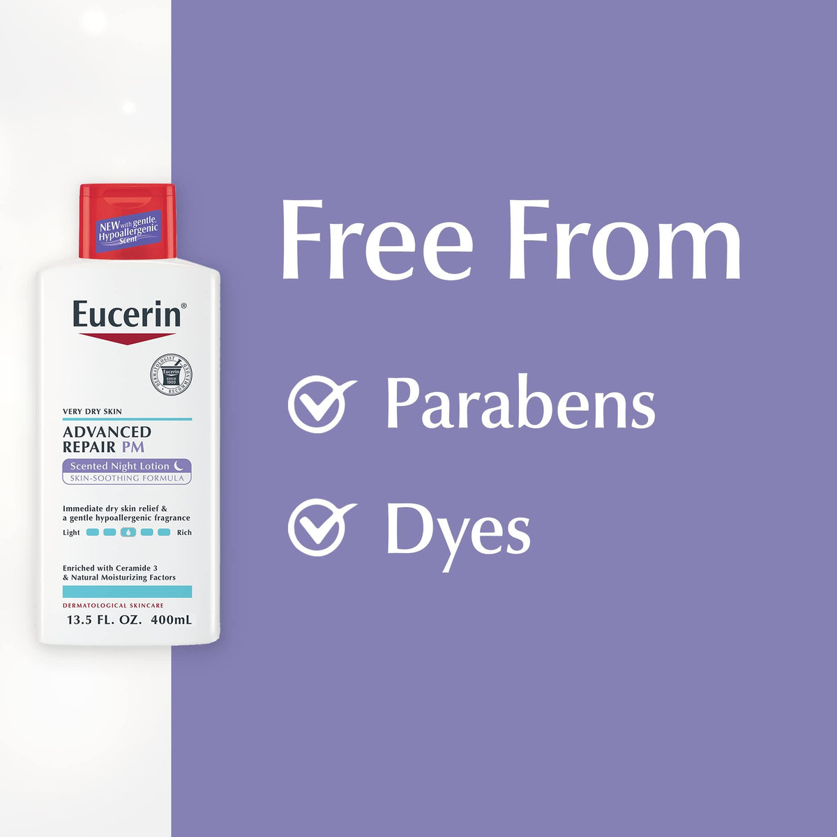 Eucerin bottle on nightstand implying nightly routine convenience