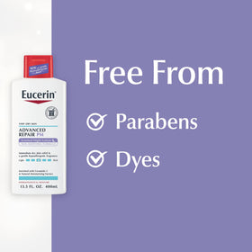 Eucerin bottle on nightstand implying nightly routine convenience