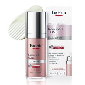 eucerin radiant tone dual serum front bottle showing clean packaging and targeted treatment benefit