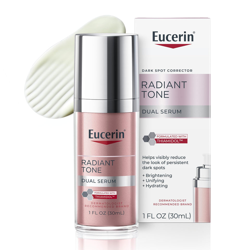 eucerin radiant tone dual serum front bottle showing clean packaging and targeted treatment benefit