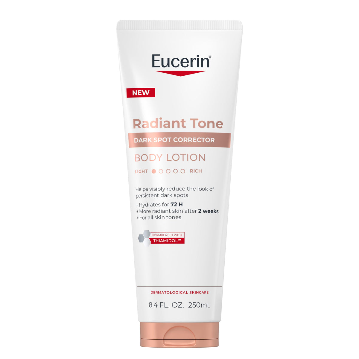Eucerin front tube showing Radiant Tone packaging and easy-squeeze design benefits