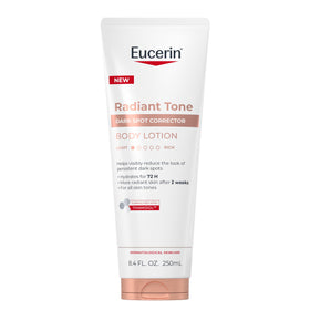 Eucerin front tube showing Radiant Tone packaging and easy-squeeze design benefits