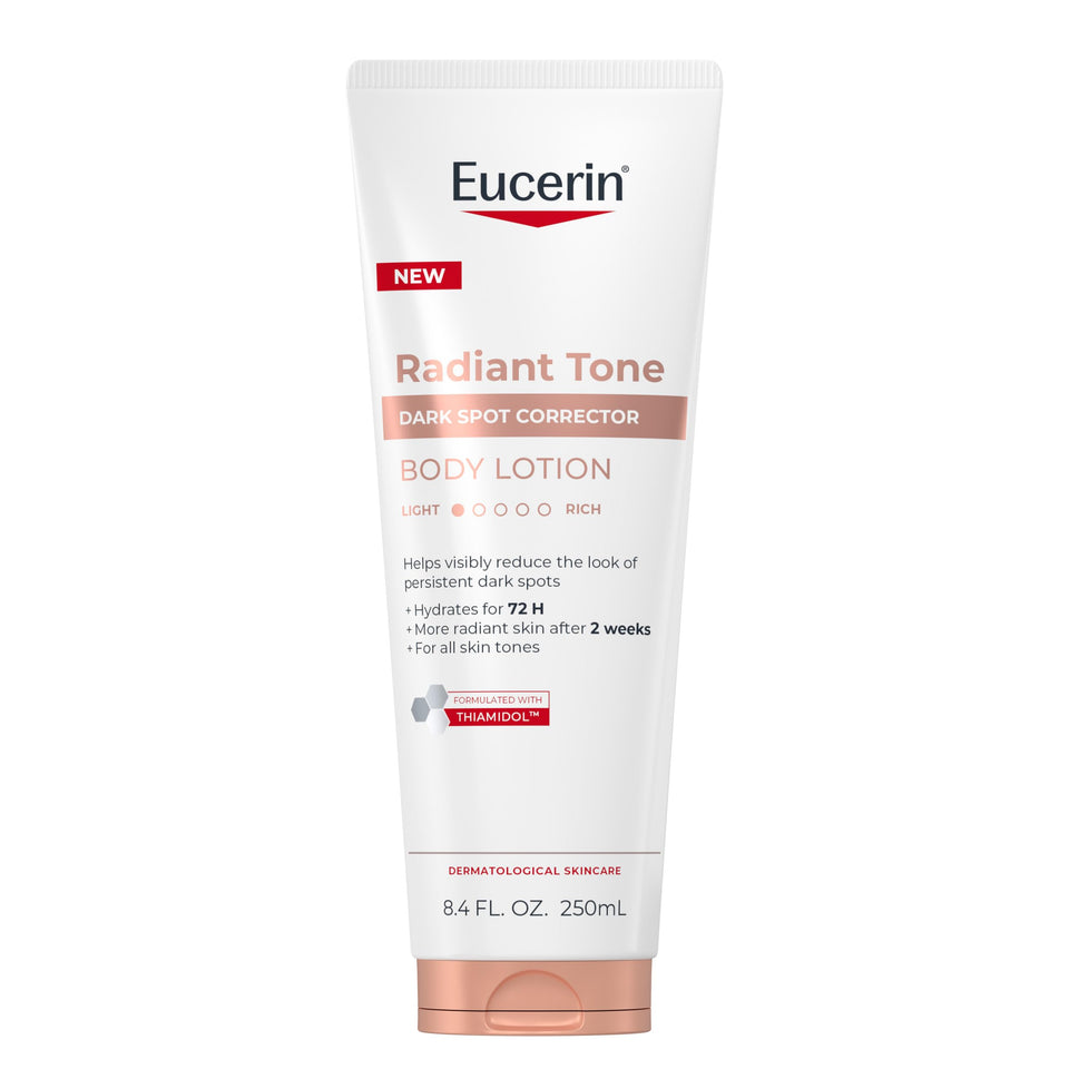 Eucerin front tube showing Radiant Tone packaging and easy-squeeze design benefits