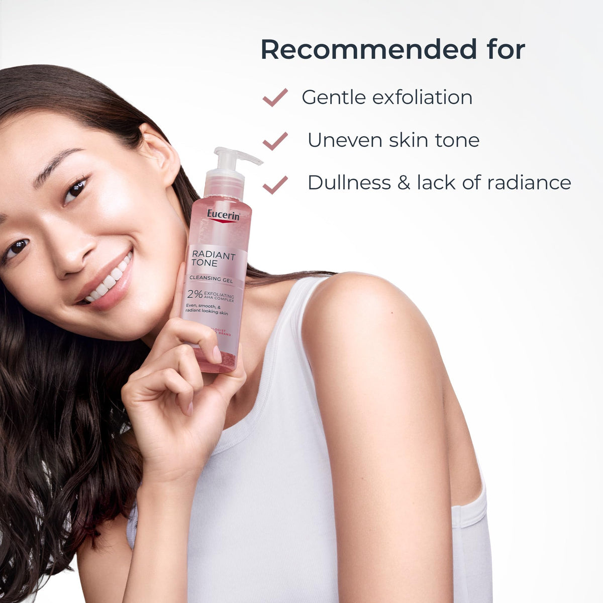 Eucerin bottle on bathroom counter as part of daily skincare routine for convenience