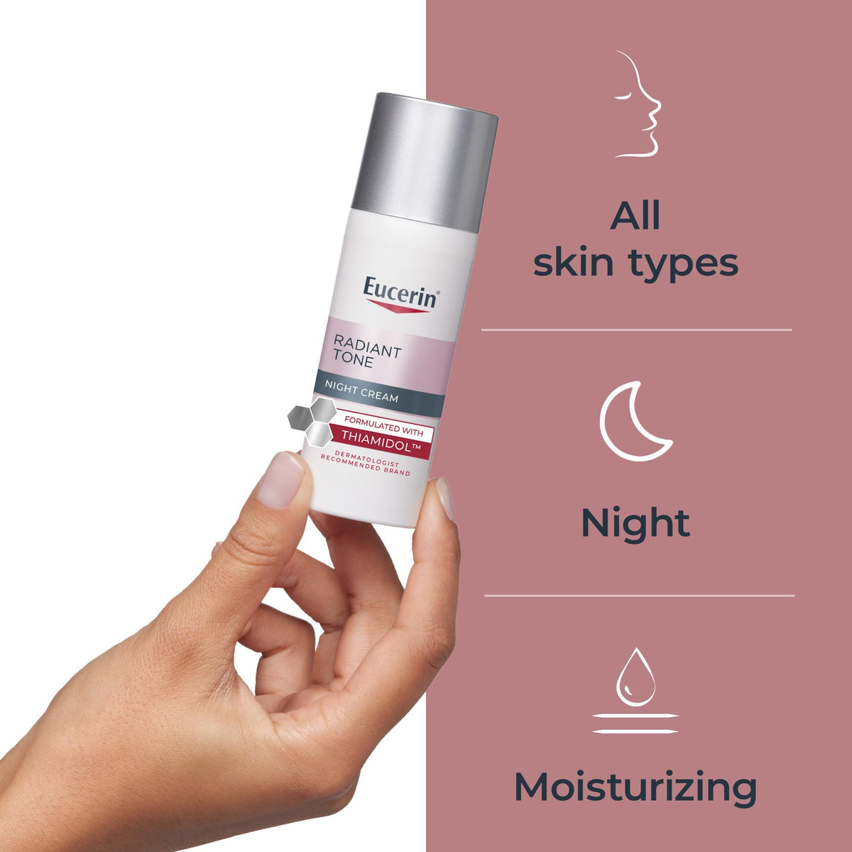 Eucerin 1.7 oz bottle beside common objects showing compact travel-friendly size