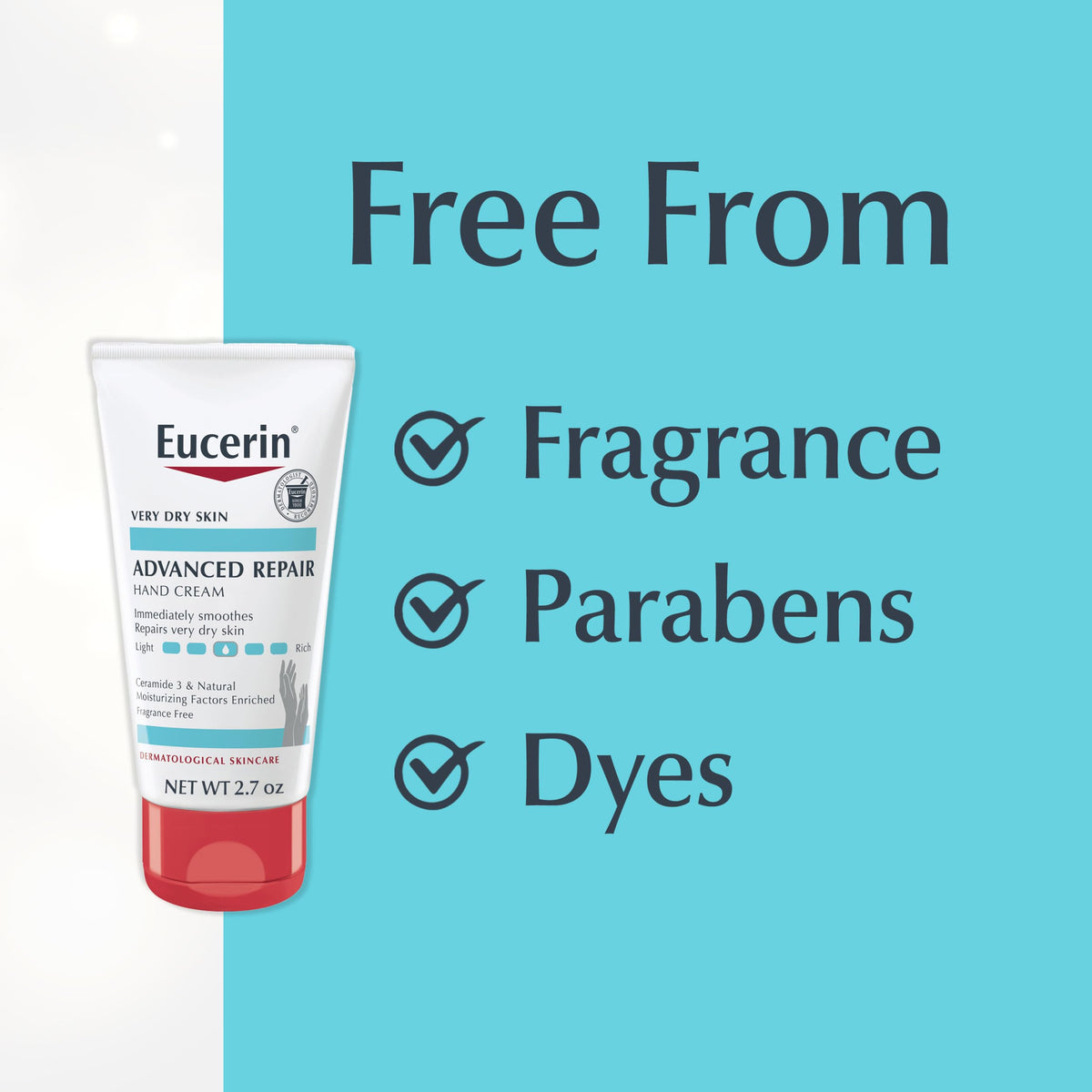 Hand holding Eucerin tube to show compact 2.7 oz travel-size scale