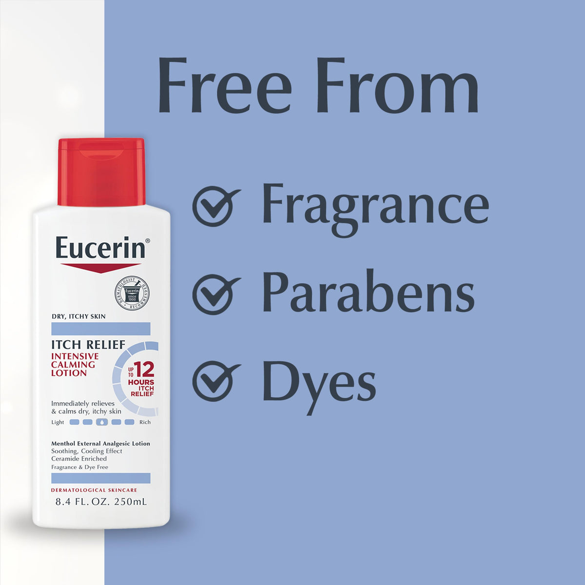 Eucerin size comparison hand scale showing bottle dimensions and travel-friendly size