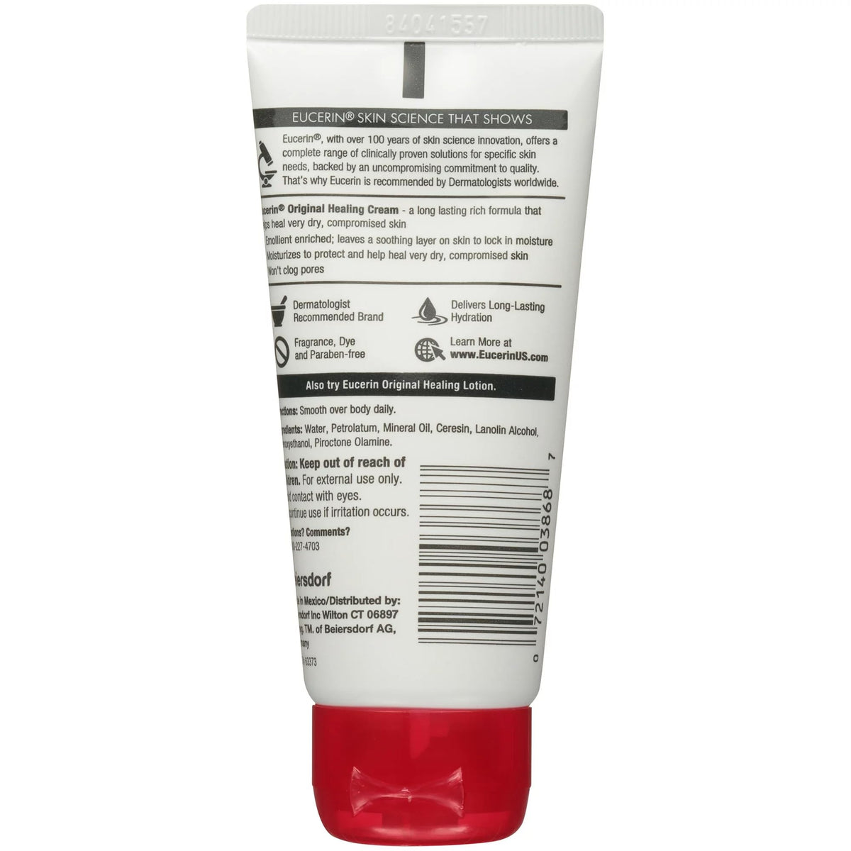 Eucerin tube held next to a hand to show compact travel-friendly size