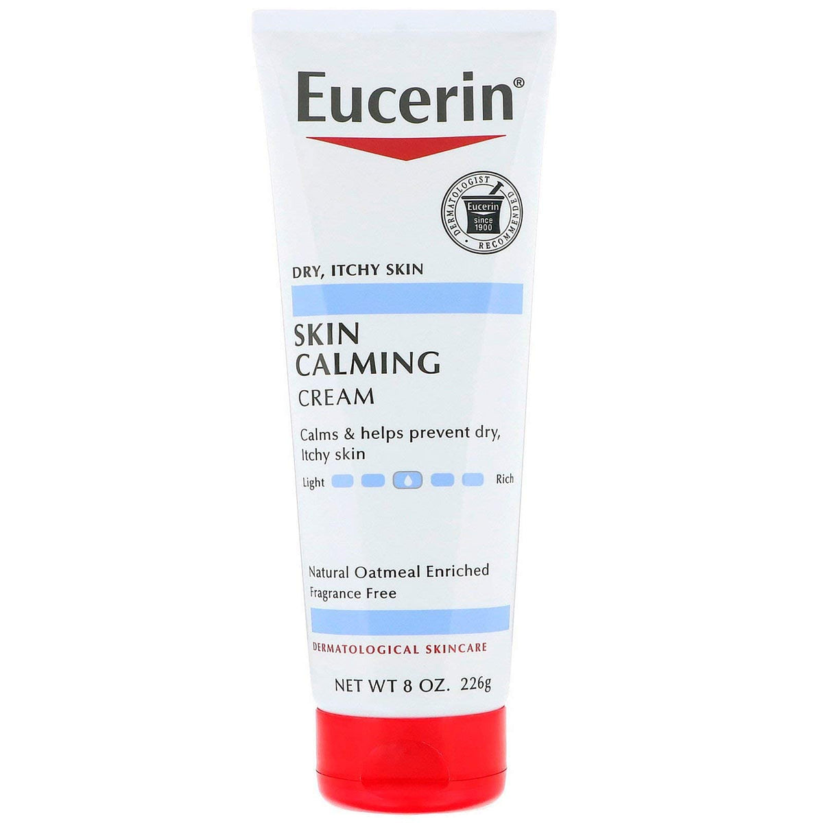 Eucerin front tube showing label and 8 oz size, clear product identification and benefit