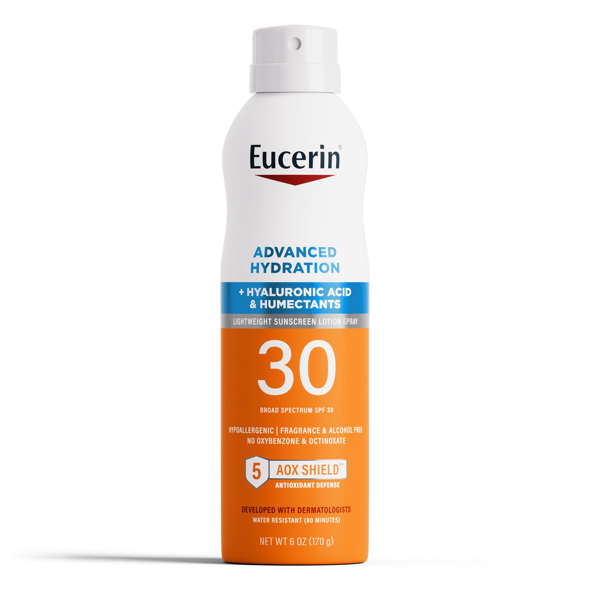 Eucerin front packaging showing SPF 30 and hydrating spray benefits
