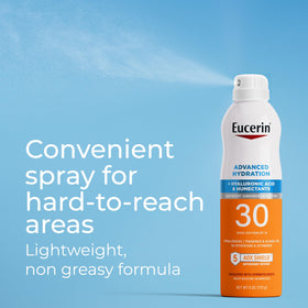 Eucerin spray in hand demonstrating easy application and even coverage