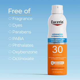 Eucerin bottle used at beach illustrating water resistance and active use