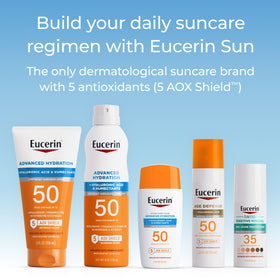 Eucerin sprayed on skin with water beads demonstrating 80-minute water resistance