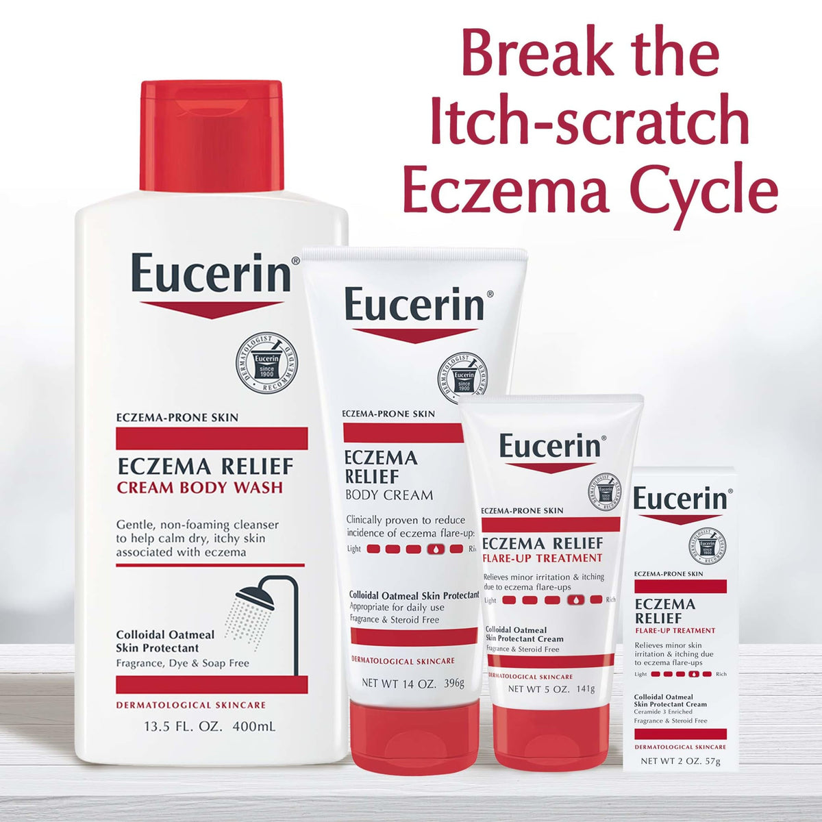 Eucerin tube near baby items indicating gentle formula for infants