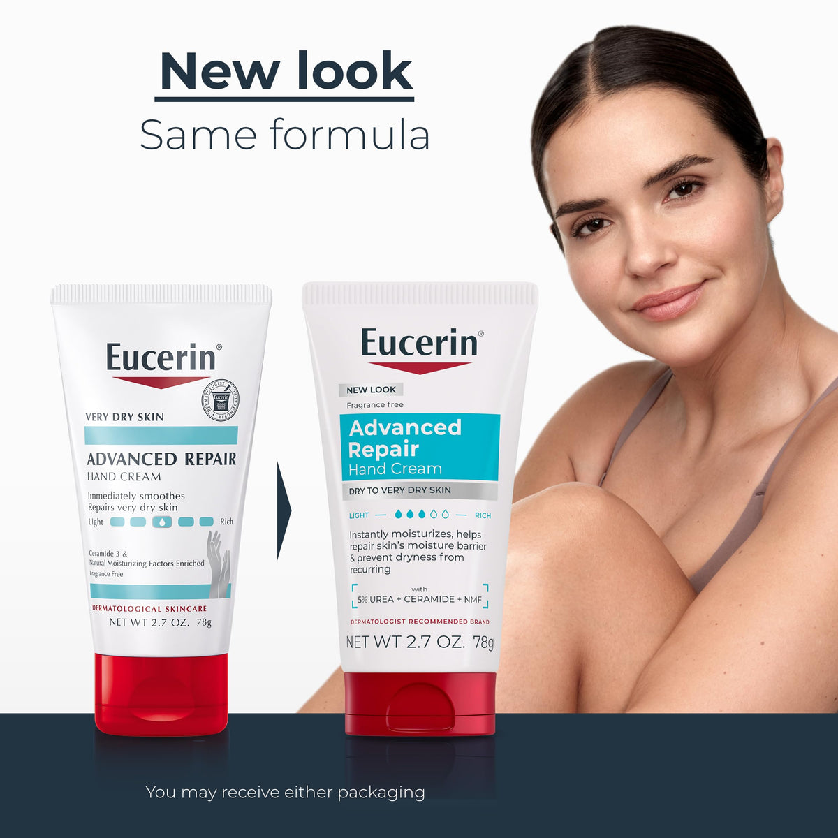 Eucerin tube with cap open showing creamy texture and quick absorption benefit