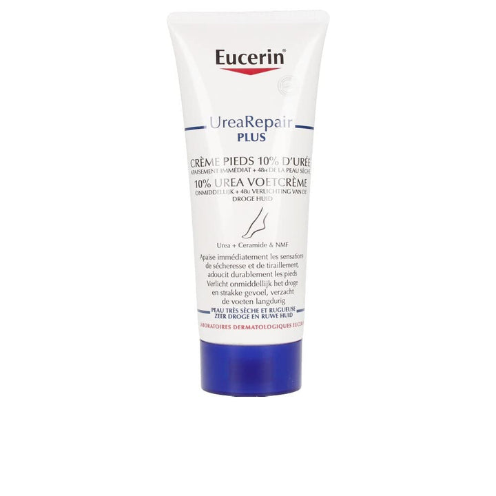 Eucerin foot cream front packaging showing tube and benefits for intense hydration