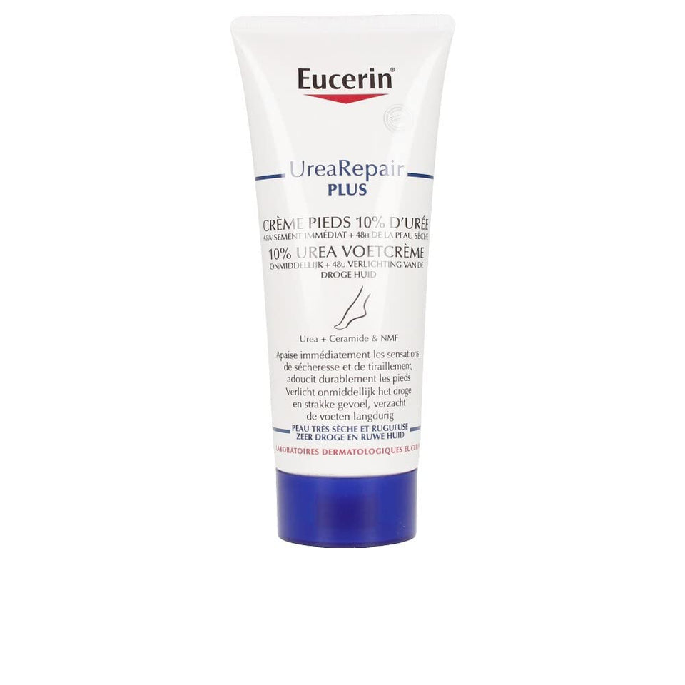 Eucerin foot cream front packaging showing tube and benefits for intense hydration