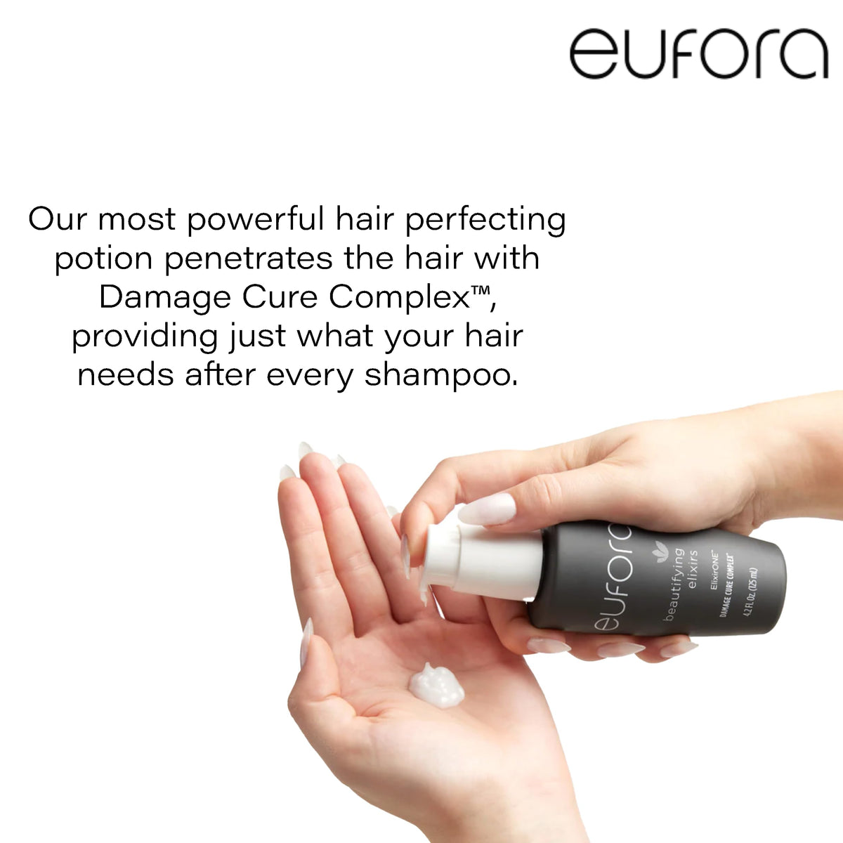 Eufora ElixirONE being sprayed on curly hair to show frizz control and curl definition