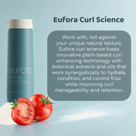 Eufora bottle in hand showing 9.5 fl oz scale and convenient salon-size benefit