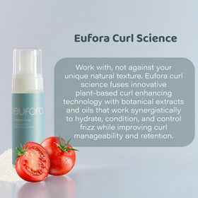 Eufora application showing hands scrunching hair for defined curl formation
