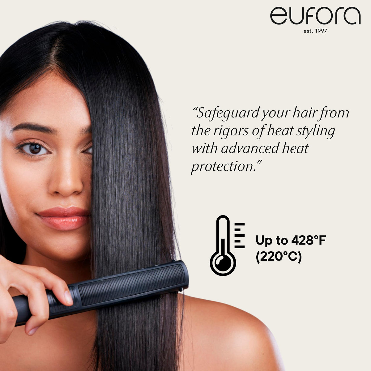 Eufora retain texture closeup of fine mist on hair showing lightweight hold and shine