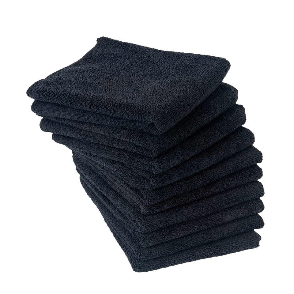 Eurow front view of 10-pack black salon towels showing pack and benefit of professional supply