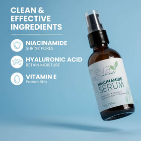 Eva Naturals applying serum to cheek demonstrating pore-smoothing effect