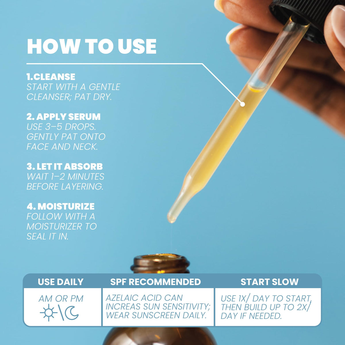 Eva Naturals serum texture drop on fingertip illustrating lightweight, fast-absorbing feel
