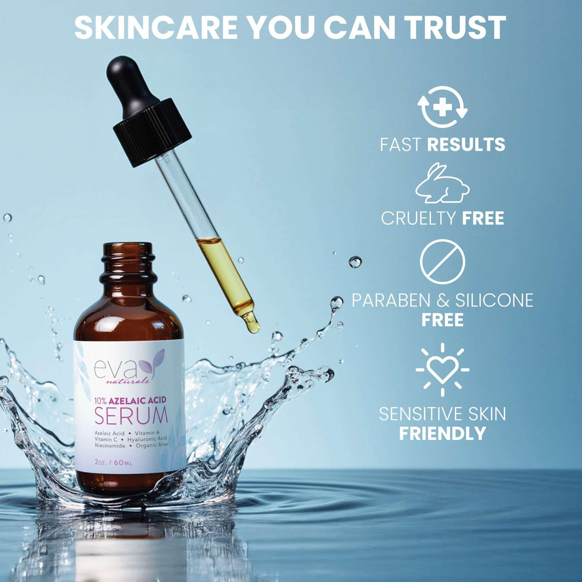 Eva Naturals serum on bathroom shelf demonstrating daily routine