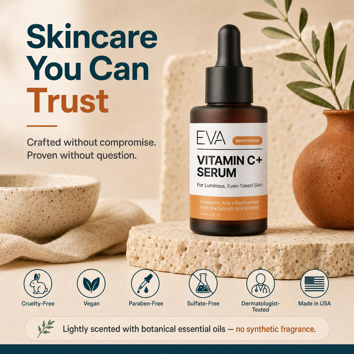 Eva Naturals botanical ingredients flatlay showing plant-derived benefits