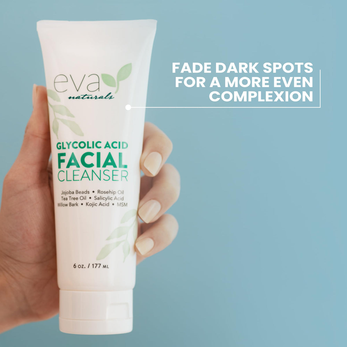 Eva Naturals bottle beside aloe and jojoba highlighting hydration