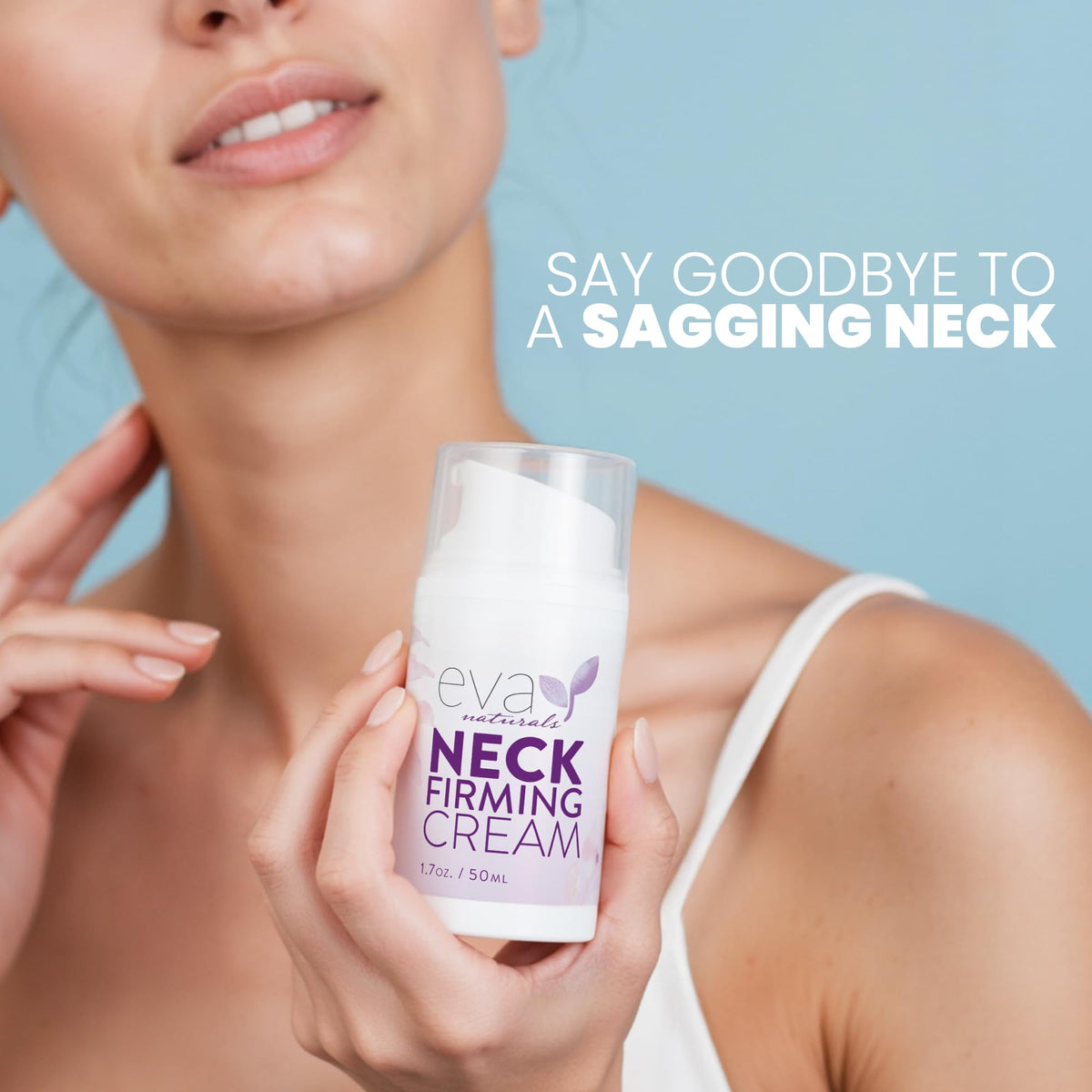 Eva Naturals cream being applied to a neck demonstrating lift and smoothing benefit
