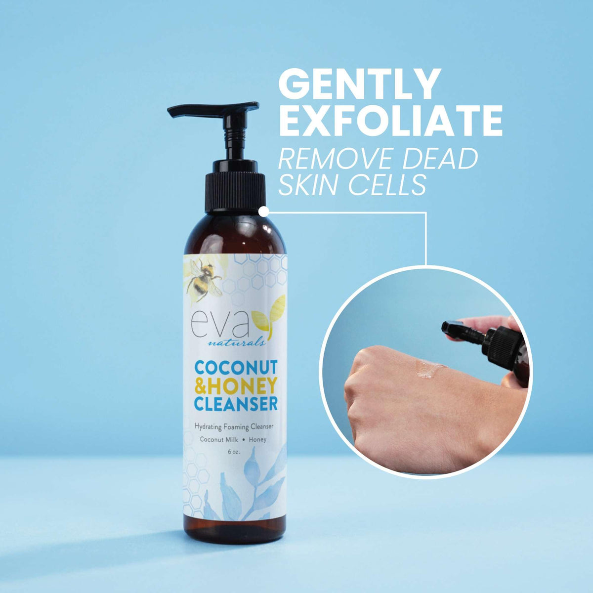 Eva Naturals foam rinsing with water droplets showing easy cleanup benefit