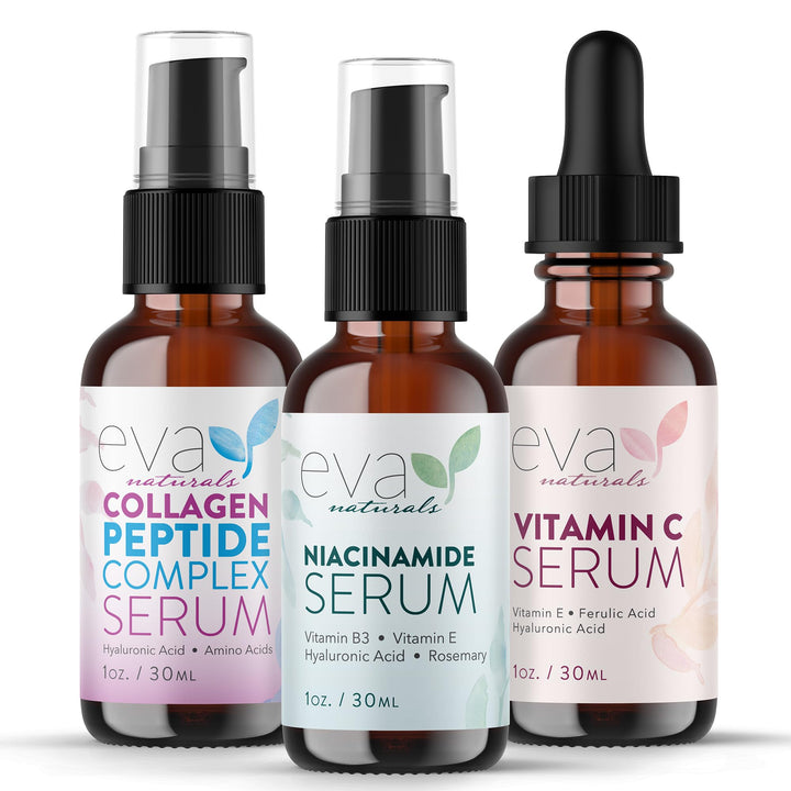 Eva Naturals front packaging of the three-serum anti-aging set with visible branding benefits