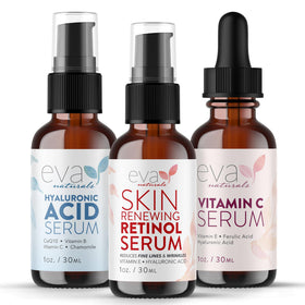 Eva Naturals front packaging showing full serum set and clear labeling benefits