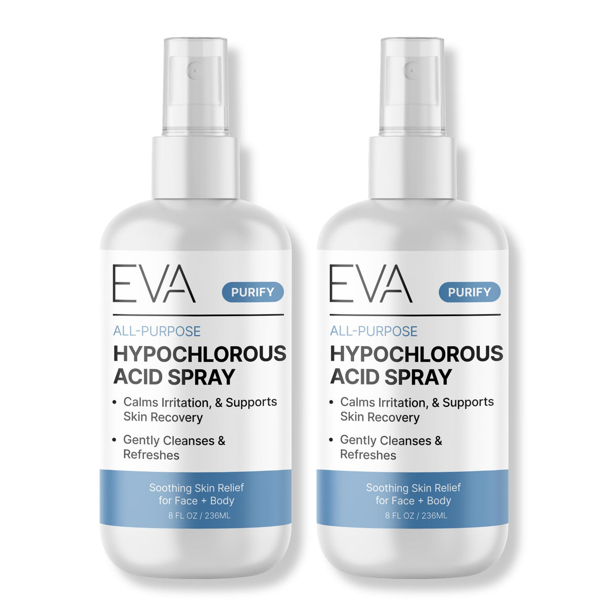 Eva Naturals front packaging showing clean HOCl facial spray for gentle cleansing