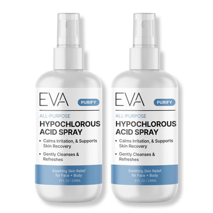 Eva Naturals front packaging showing clean HOCl facial spray for gentle cleansing