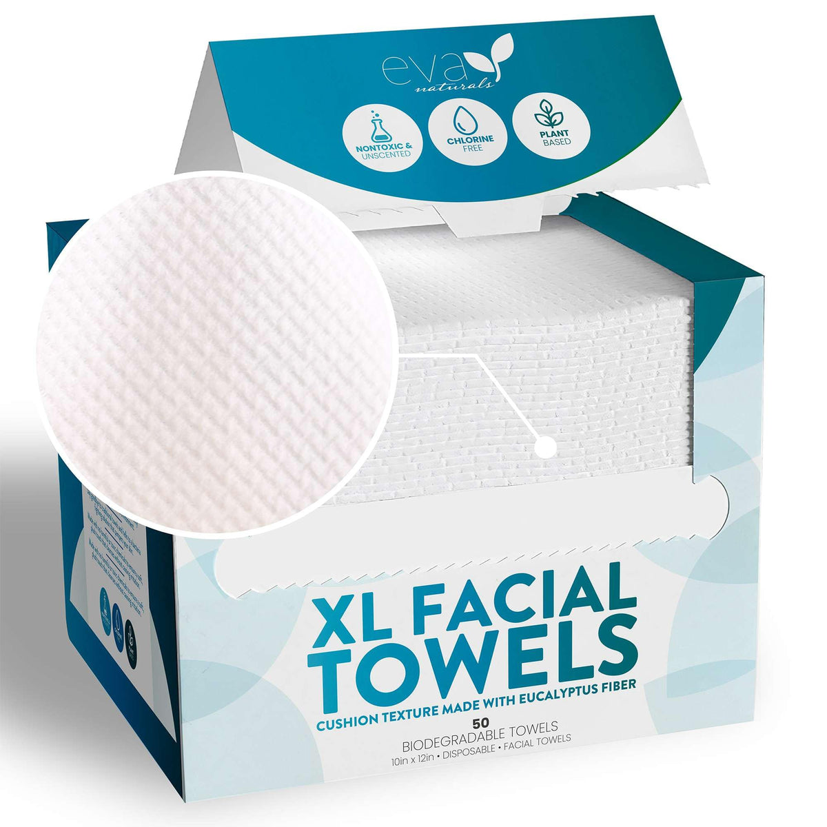 Eva Naturals front packaging showing 50-count biodegradable towels and benefits