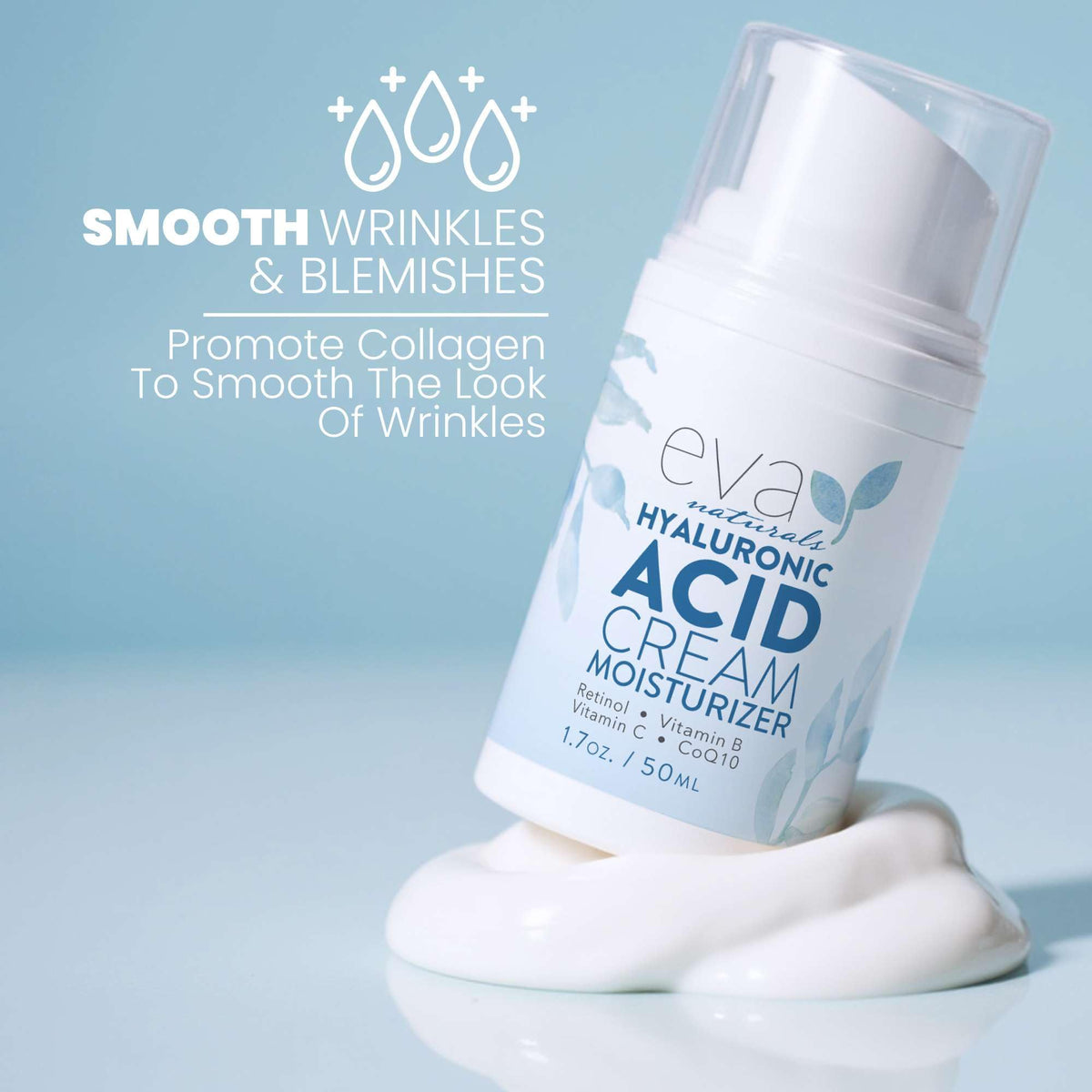 Eva Naturals ingredients flatlay with hyaluronic acid and botanicals for transparency