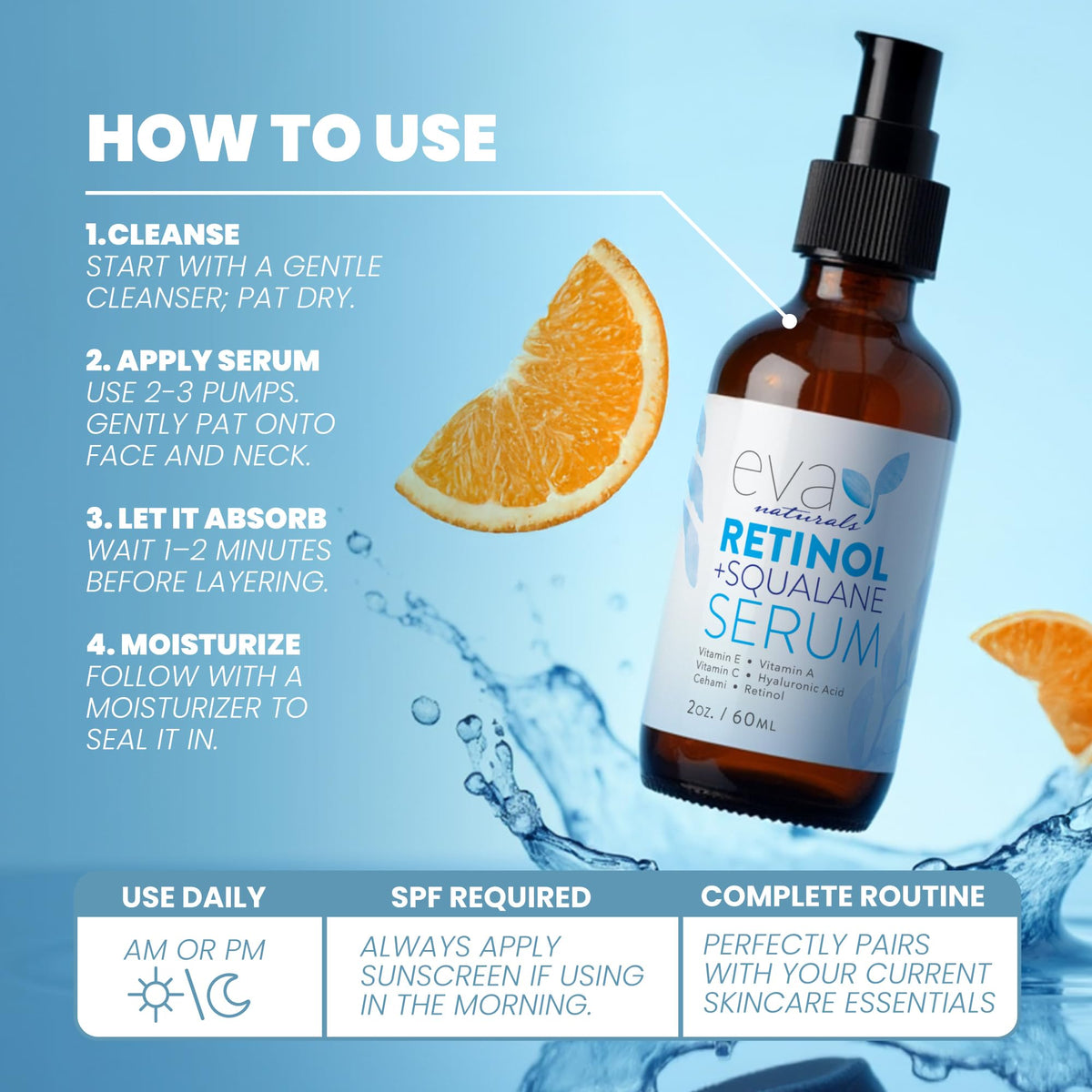 Eva Naturals ingredient label close-up showing active retinol and squalane benefits